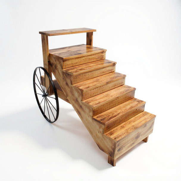 Amish-made wooden tiered display cart with black metal wheels for retail or home décor