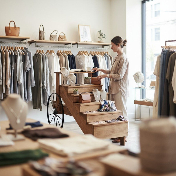 Woman arranging accessories on a wooden tiered display cart with black metal wheels inside a boutique clothing store