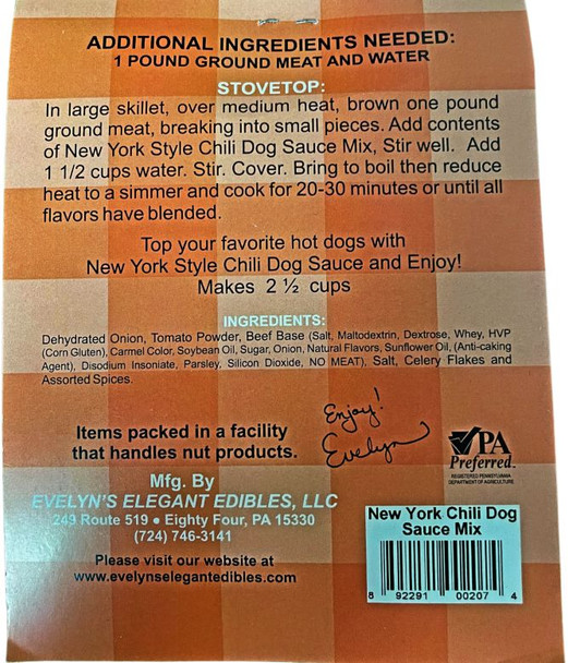 Directions and ingredients for Evelyn's Chili Dog Sauce