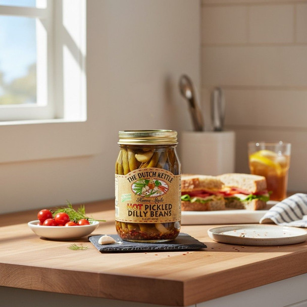 Hot pickled dilly beans jar on a kitchen counter with fresh tomatoes, garlic, a sandwich, and iced tea in the background.