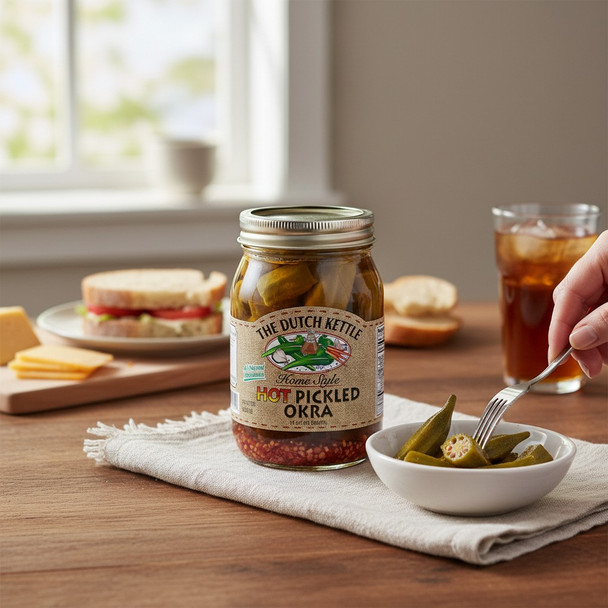 Hot pickled okra jar on a wooden table with sliced cheese, sandwiches, iced tea, and a hand serving okra into a small bowl.
