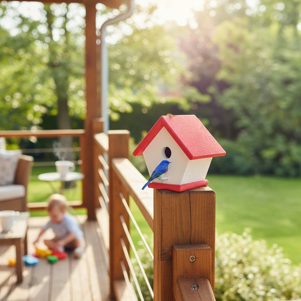 Red and white wooden birdhouse on a porch railing with a bluebird perched outside, backyard garden and child playing in the background.