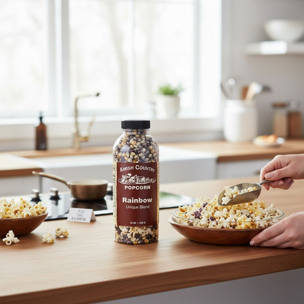 Amish Country rainbow popcorn bottle with fresh popped multicolor kernels on kitchen counter