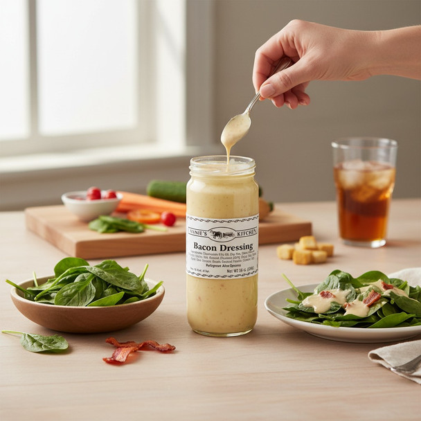 Annie’s Kitchen Bacon Dressing poured onto a fresh spinach salad with veggies and iced tea.
