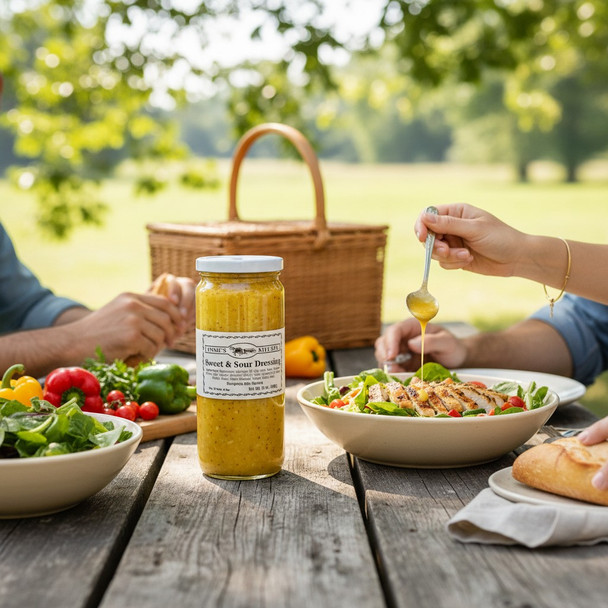 Annie’s Kitchen Sweet & Sour Dressing drizzled over a fresh chicken salad at an outdoor picnic.