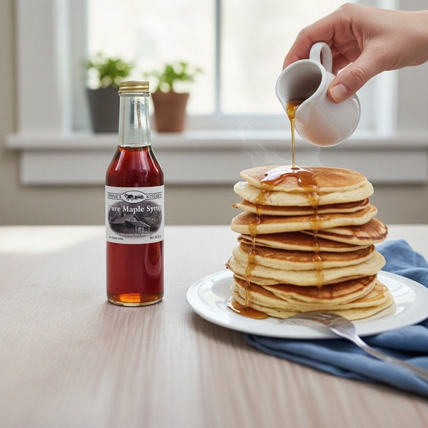 Annie’s Kitchen Pure Maple Syrup poured over a stack of pancakes in a bright kitchen.