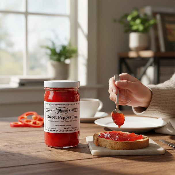 Annie’s Kitchen Sweet Pepper Jam being spread on toast with fresh red pepper slices and a warm drink in the background.