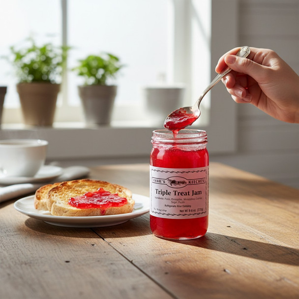Jar of Annie’s Kitchen Triple Treat Jam being spooned onto toast in a bright breakfast setting.