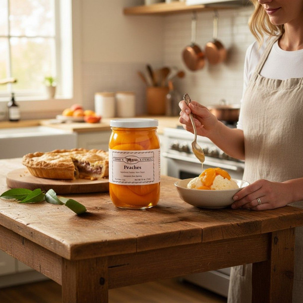 Annie’s Kitchen Peaches served over vanilla ice cream with a fresh peach pie in a warm kitchen.