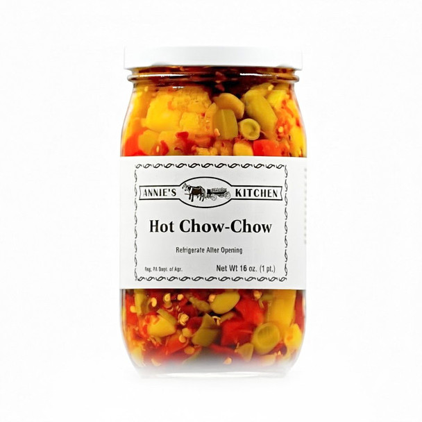 Annie's Kitchen's Classic Chow-Chow  in a 16 oz. jar. Amish-made Vegetables with a kick of spice! Order today at harvestarray.com.