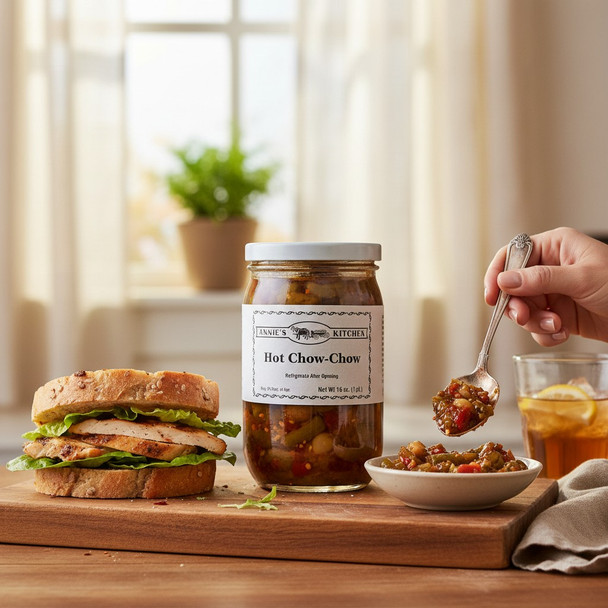 Annie’s Kitchen Hot Chow-Chow served with a chicken sandwich and iced tea on a rustic table.