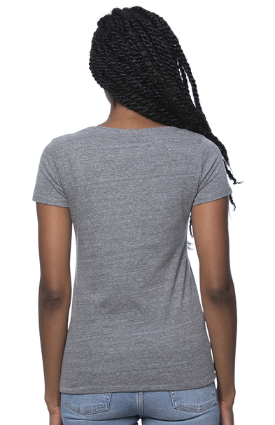 Back of a gray Women's Eco Tri-blend Scoop Neck Tee. Sizes sm-xl.