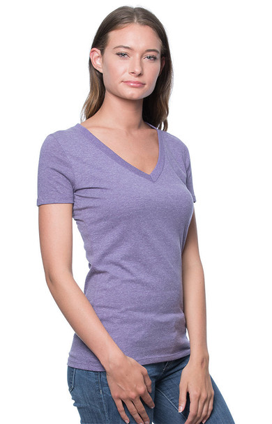 Heather Purple Women's 50/50 Blend V-Neck T Shirts. Also available in  Heather Indigo on harvestarray.com