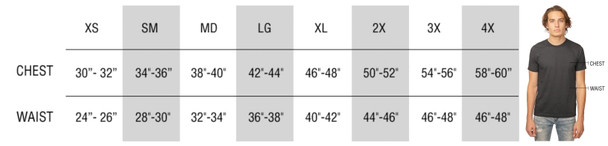 Men's size chart for Royal Apparel Men's and Ladies' 50/50 Blended T Shirts