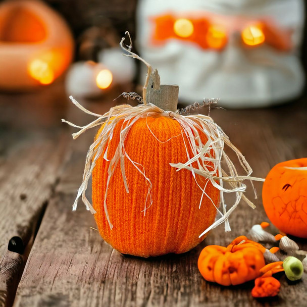 Orange Yarn Pumpkin with Raffia tied around wooden stem on Harvest Array
