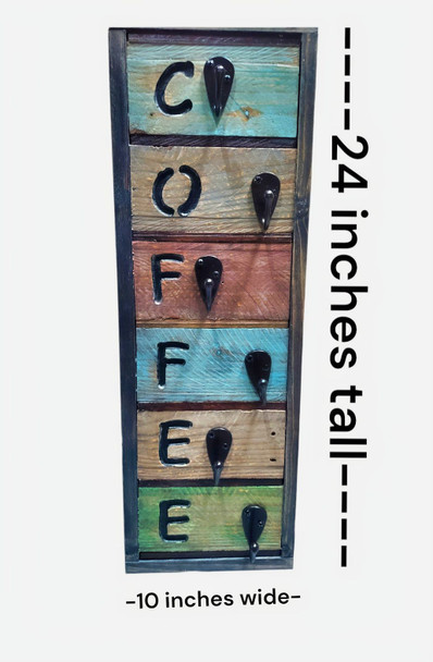 Dimensions of the customizable Coffee Mug Rack are 10 x 24 inches.