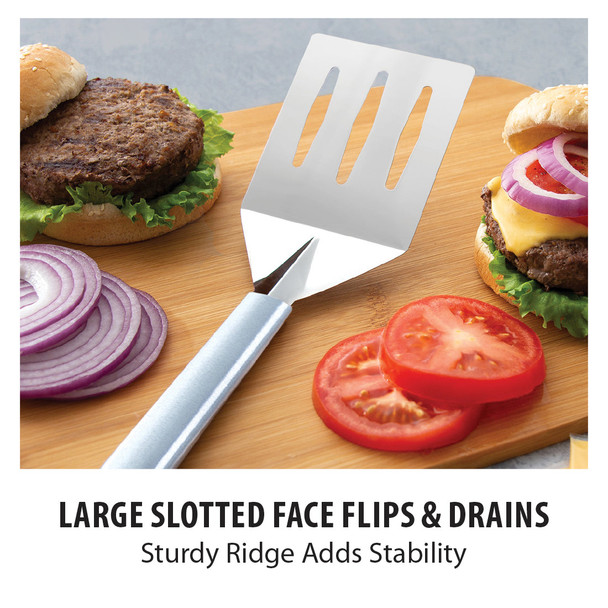 Rada Turnover Spatula has a large slotted face for flips and draining.  Harvest Array. Silver Handle.