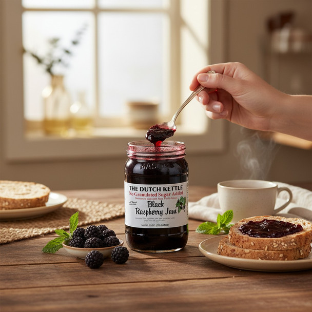 Black raspberry no-sugar-added jam jar on a wooden table with fresh berries, toast being spread, and a warm drink in the background.