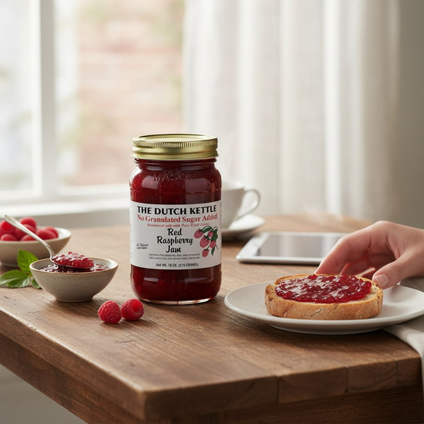 No-sugar-added red raspberry jam jar on a wooden table with fresh raspberries, a bowl of jam, and toast spread with raspberry jam.