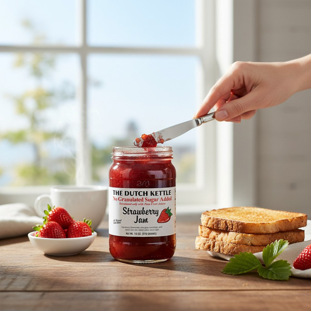 No-sugar-added strawberry jam jar on a wooden table with fresh strawberries, toast being spread, and a warm drink in the background.