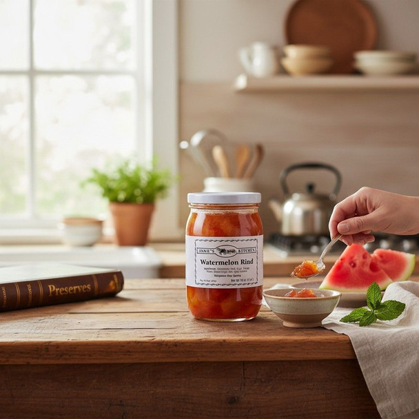 Annie’s Kitchen Watermelon Rind preserves served in a bowl with fresh watermelon slices on a wooden countertop.