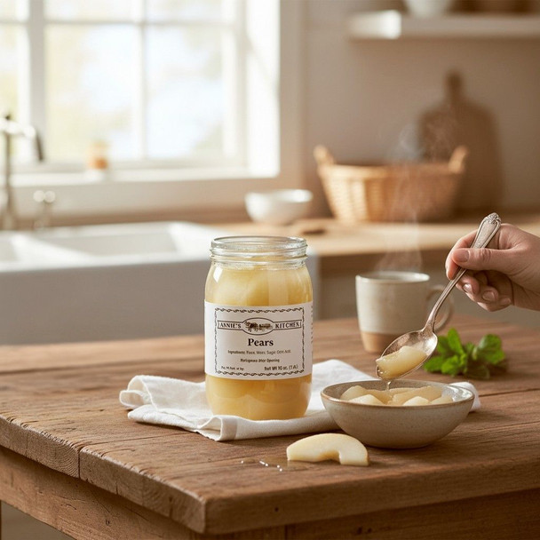 Annie’s Kitchen Pears served in a bowl with sliced pears in a warm, rustic kitchen setting.