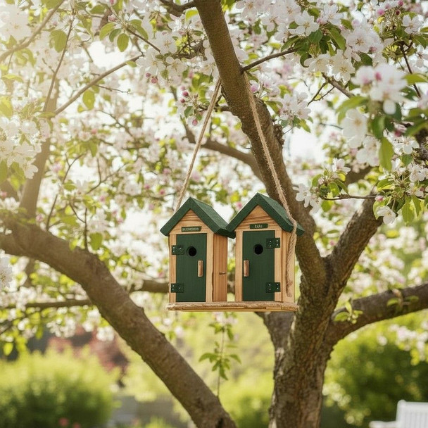 Amish made green double outhouse birdhouse hanging in a flowering tree for rustic backyard garden décor.