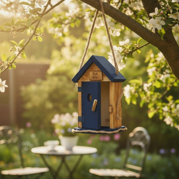 Handcrafted wooden outhouse birdhouse hanging from a tree branch in a garden patio setting with spring blossoms and outdoor decor