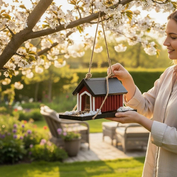 Handcrafted covered bridge bird feeder hanging from a flowering tree branch in a backyard garden with spring blossoms