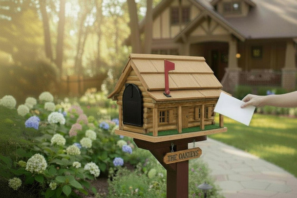 Natural Amish handmade log cabin wooden mailbox with flag receiving mail in a landscaped front yard.