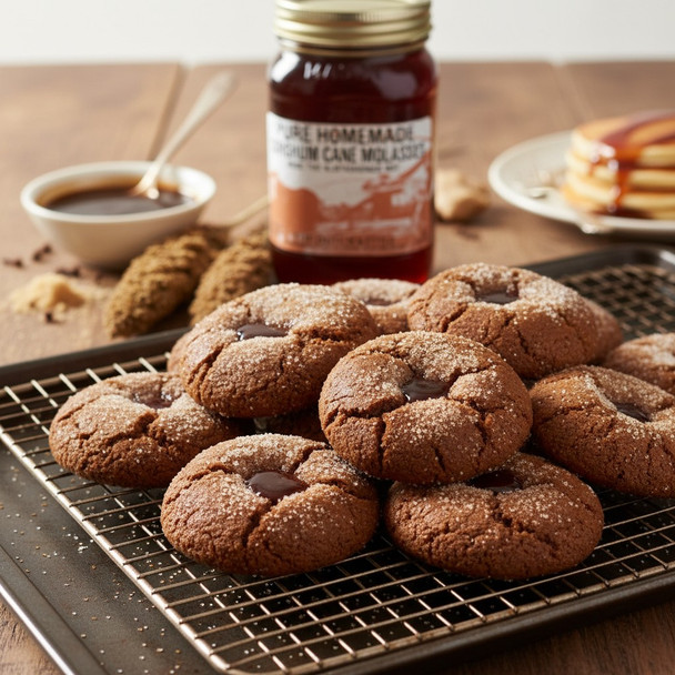 Sorghum molasses cookies cooling on a rack made with Dutch Kettle Pure Homemade Sorghum Cane Molasses jar in the background