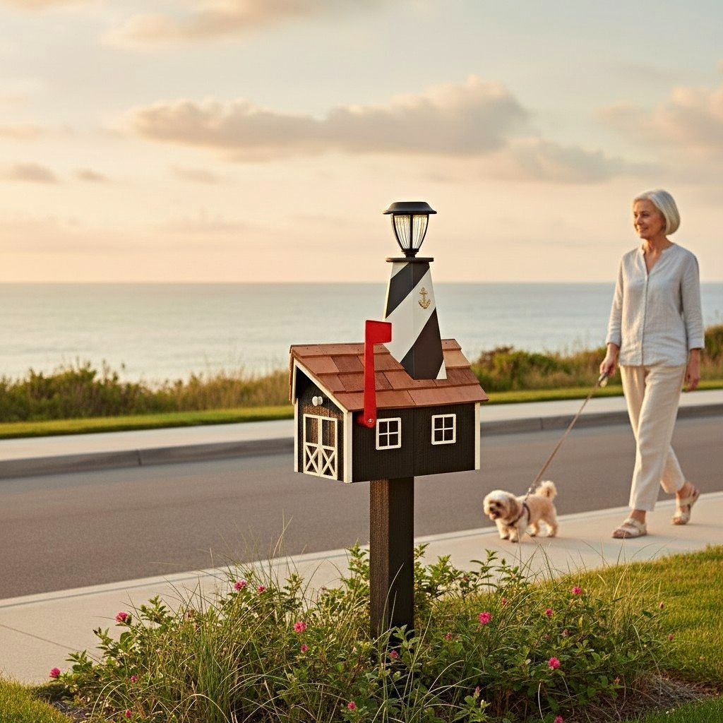 Amish made Black and white Wooden Mailbox Lighthouse with Cedar Roof