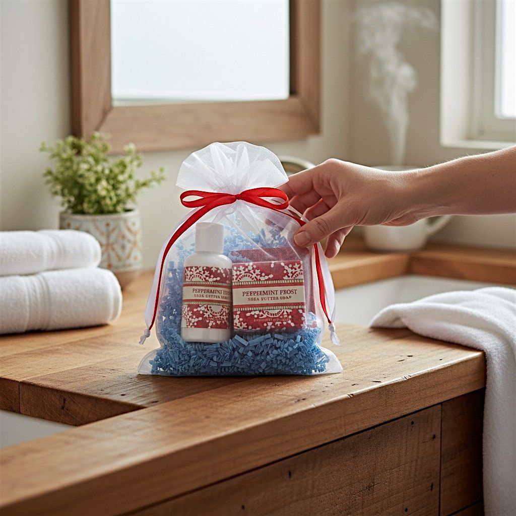 Peppermint Frost Mini Soap, lotion, and soap Saver Gift Bag for ideal Christmas Gifts and Stocking Stuffers