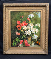 Large Circa 1900 Still Life Azeleas Garden Flowers Study Charles Courtney CURRAN