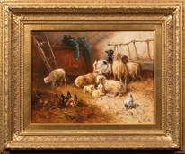 Large 19th Century Belgian Barn Farm Interior Sheep Chickens Goat HENRY SCHOUTEN