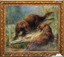 19th Century Otters Fighting Over A Pike - Henry Leonidas ROLFE (1824-1881)