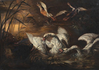 17th Century Dutch Dogs Attack Swans & Ducks Abraham Danielsz HONDIUS (163-1691)