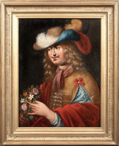16th Century French Chevalier Gentleman Portrait Holding Flowers Plumed Hat