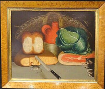 18th Century English Naive School Kitchen Food Cat & Mouse Still Life Folk Art