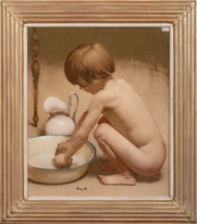 Large Early 20th Century French Boy Child Bathing Naked Signed Indistcintly