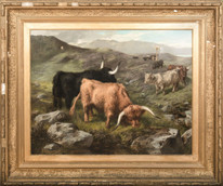 Large 19th Century Scottish Highland Longhorn Bulls Cattle Landscape E R BREACH