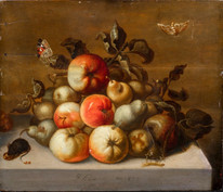 Large 17th Century Dutch Old Master Still Life Fruit Insects Mouse Butterflies 