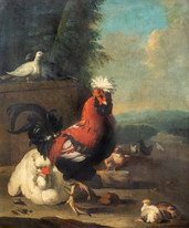 19th Century Birds Landscape Rooster Hens Pigeon Chicks MELCHIOR D'HONDECOETER