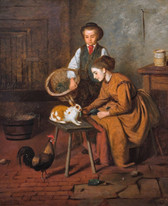 Large 19th Century Mother & Sons Feeding A Rabbit Interior Cockerel Antique