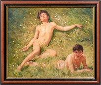 Large 20th Century European School Nude Males Summer Grass Portrait - Signed