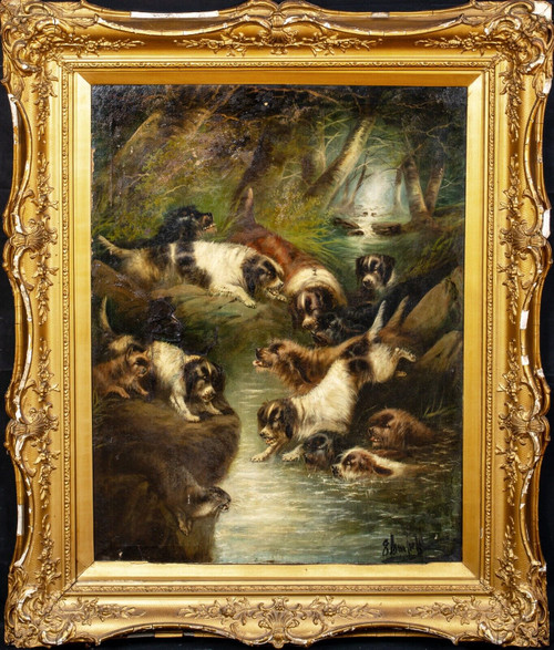 Huge 19th Century English Otter Hounds Hunting Hunt Edward Armfield (1817-1896)
