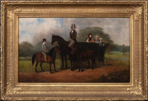 19th Century English Victorian Portrait Of The Temple Family In Horse & Carriage