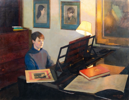 Large 20th Evening Portrait Of Matthew At The Piano  by EDWARD HALL (1922-1991)