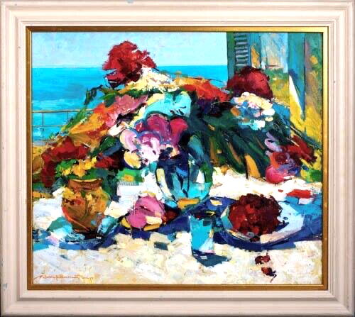 Large 20th Century European Still Life Summer Flower At the Window By The Sea