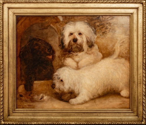 Large 19th Century Portrait White Terrier Dogs & Brown Spaniel WALTER HARROWING